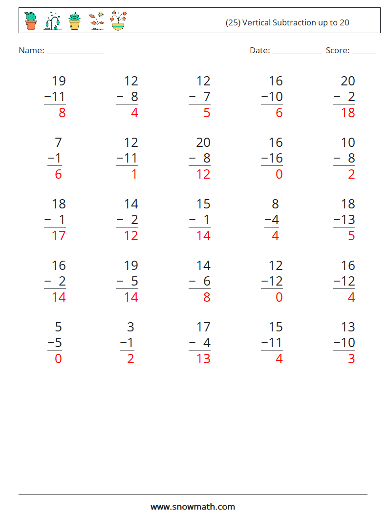 (25) Vertical Subtraction up to 20 Maths Worksheets 11 Question, Answer