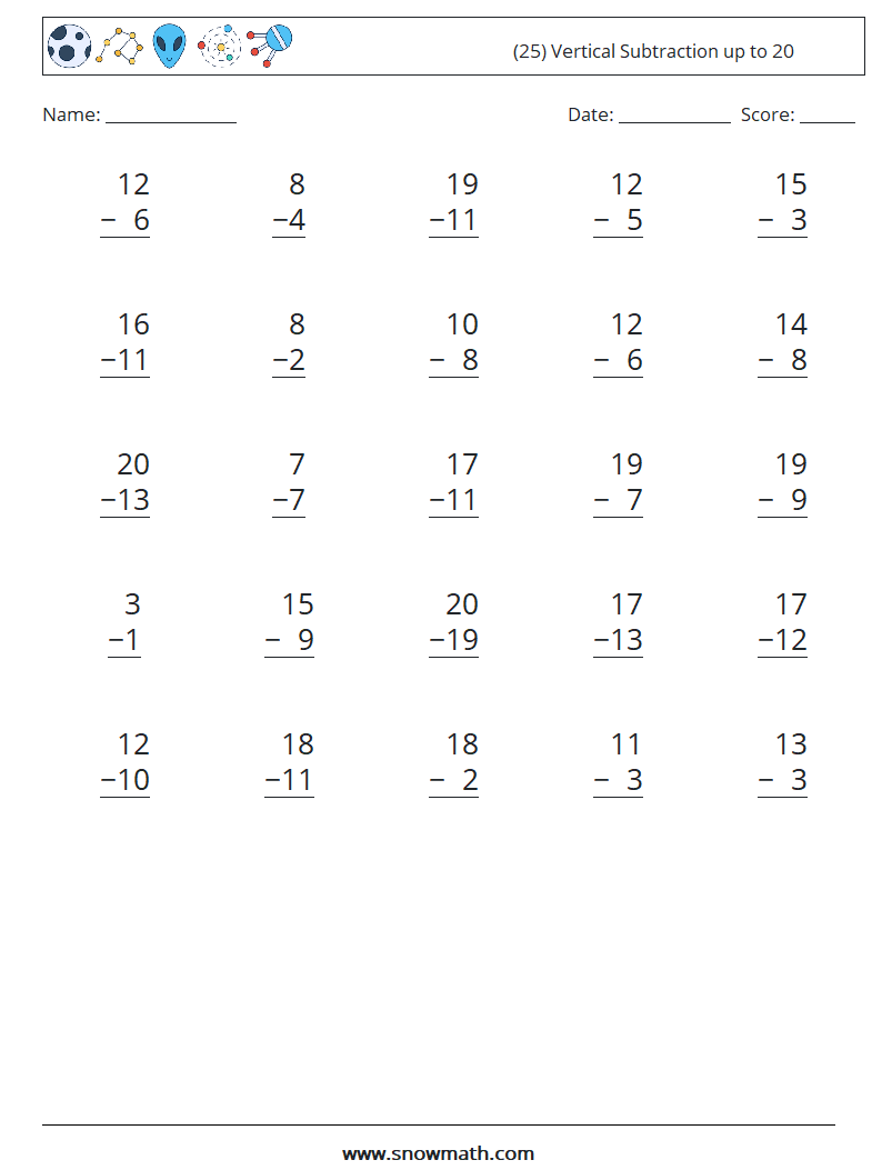 (25) Vertical Subtraction up to 20 Maths Worksheets 12