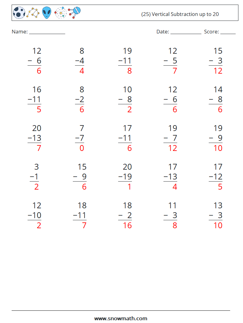 (25) Vertical Subtraction up to 20 Maths Worksheets 12 Question, Answer