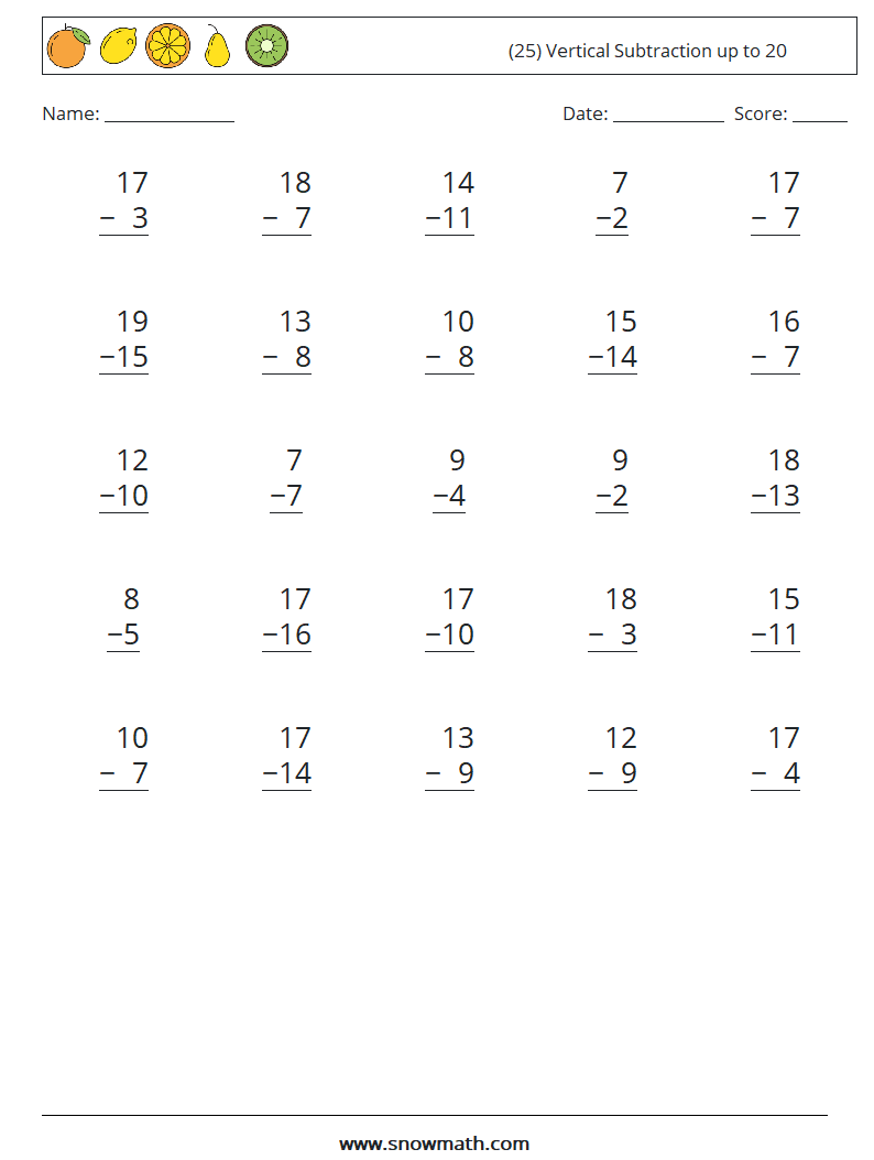 (25) Vertical Subtraction up to 20 Maths Worksheets 13