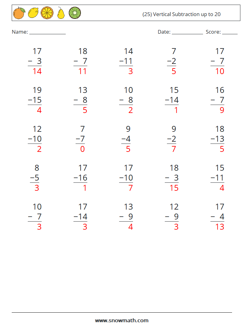 (25) Vertical Subtraction up to 20 Maths Worksheets 13 Question, Answer