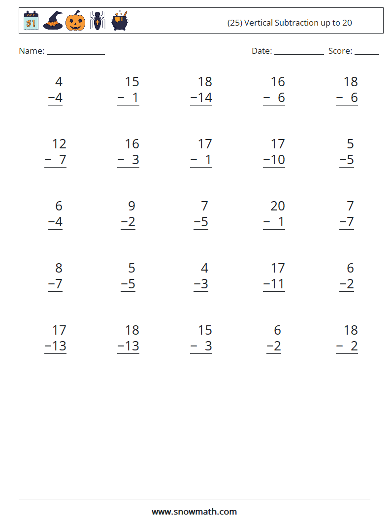 (25) Vertical Subtraction up to 20 Maths Worksheets 14