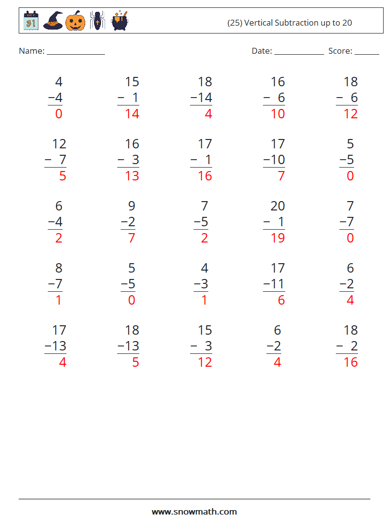 (25) Vertical Subtraction up to 20 Maths Worksheets 14 Question, Answer