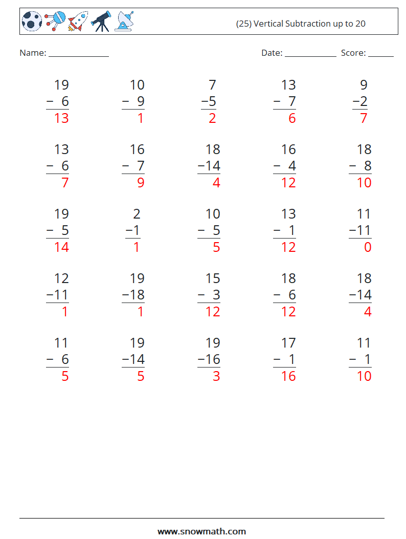 (25) Vertical Subtraction up to 20 Maths Worksheets 15 Question, Answer