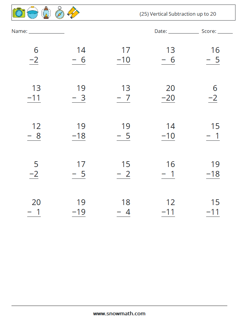 (25) Vertical Subtraction up to 20 Maths Worksheets 17