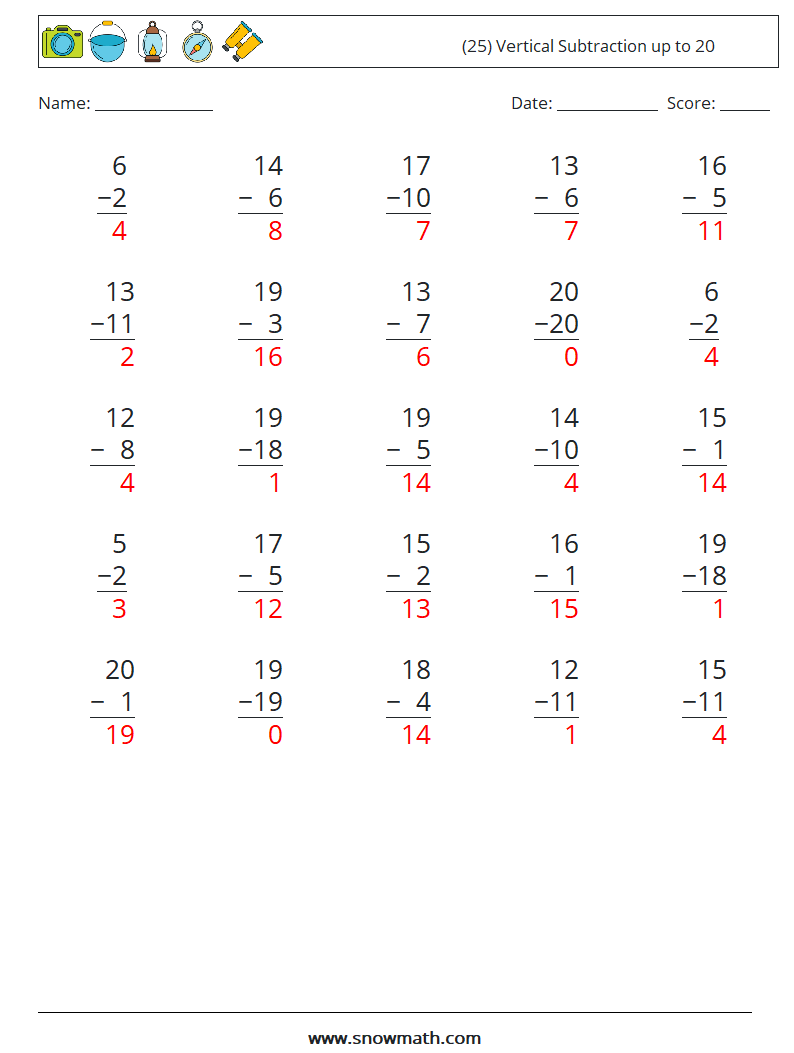 (25) Vertical Subtraction up to 20 Maths Worksheets 17 Question, Answer