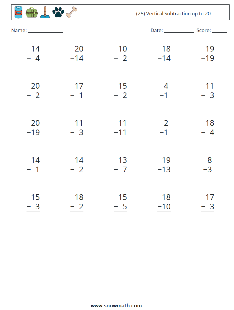 (25) Vertical Subtraction up to 20 Maths Worksheets 18