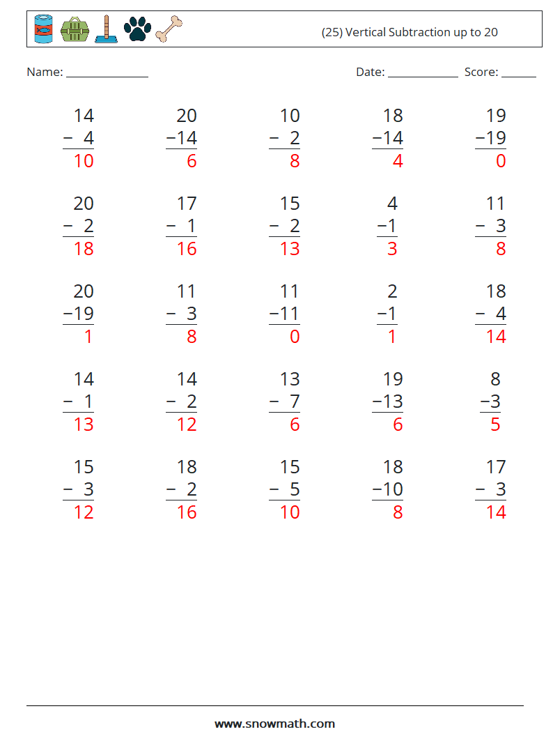 (25) Vertical Subtraction up to 20 Maths Worksheets 18 Question, Answer