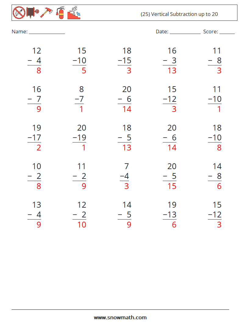 (25) Vertical Subtraction up to 20 Maths Worksheets 1 Question, Answer