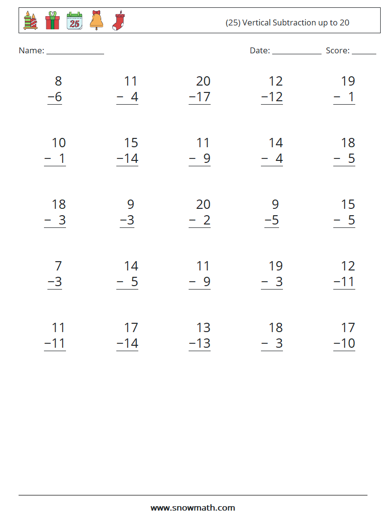 (25) Vertical Subtraction up to 20 Maths Worksheets 2