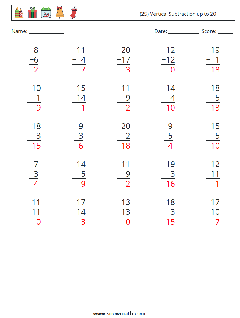 (25) Vertical Subtraction up to 20 Maths Worksheets 2 Question, Answer