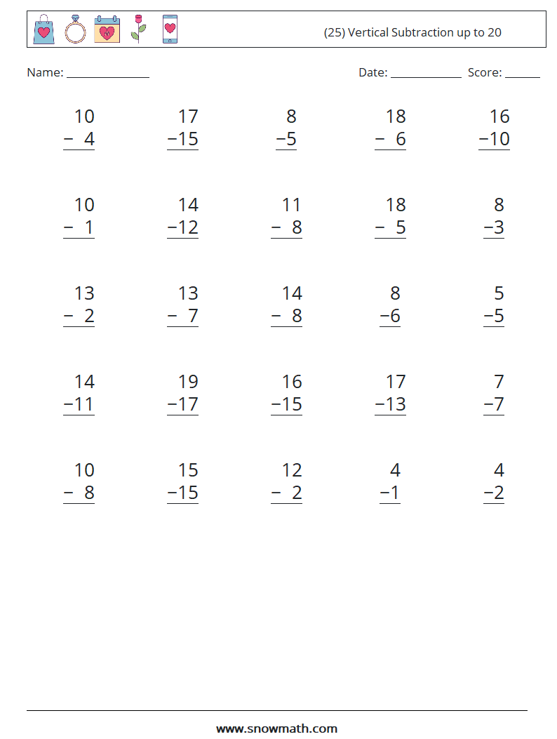 (25) Vertical Subtraction up to 20 Maths Worksheets 3