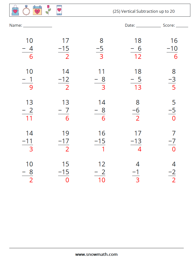 (25) Vertical Subtraction up to 20 Maths Worksheets 3 Question, Answer