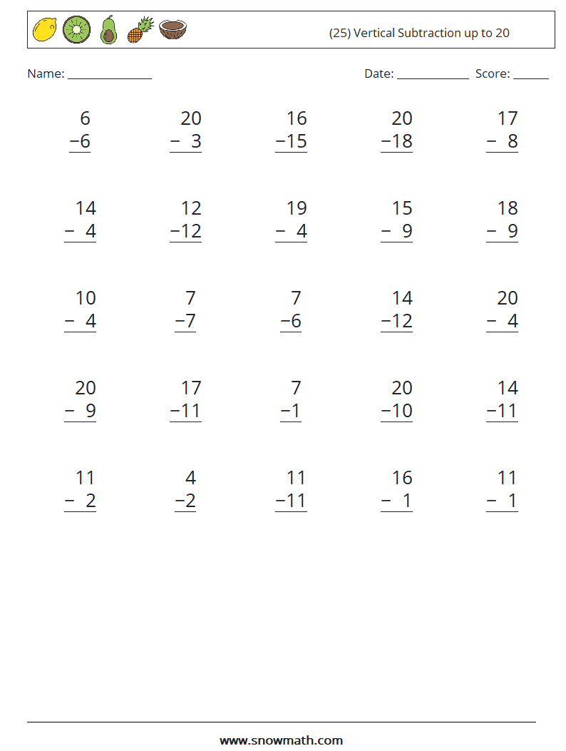 (25) Vertical Subtraction up to 20 Maths Worksheets 4