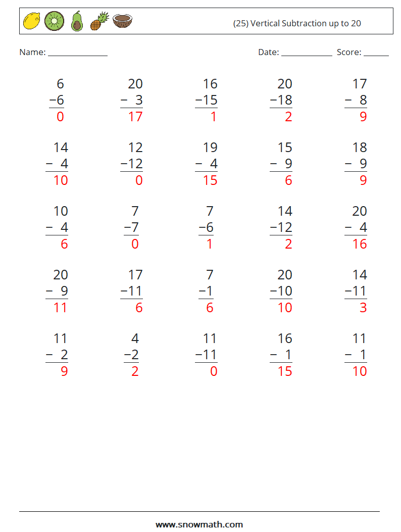 (25) Vertical Subtraction up to 20 Maths Worksheets 4 Question, Answer