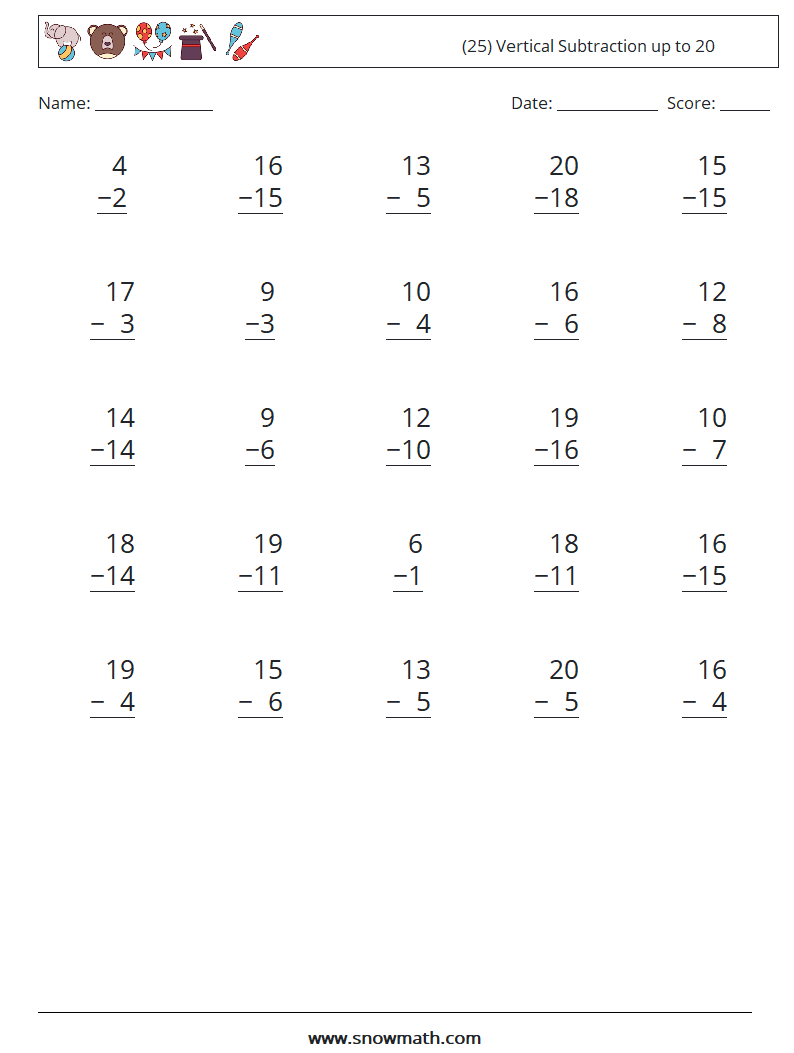 (25) Vertical Subtraction up to 20 Maths Worksheets 5