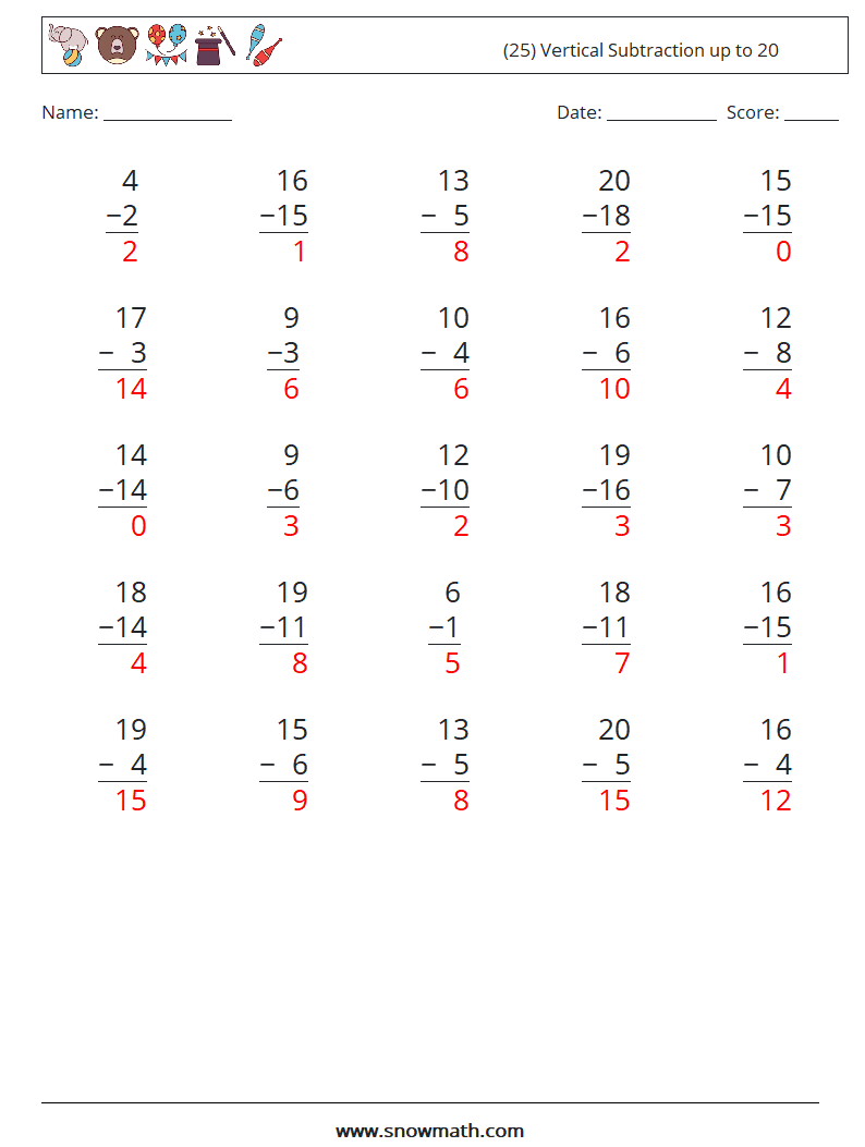 (25) Vertical Subtraction up to 20 Maths Worksheets 5 Question, Answer