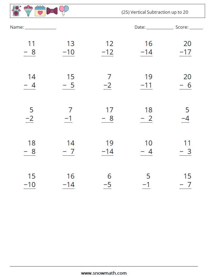 (25) Vertical Subtraction up to 20 Maths Worksheets 6