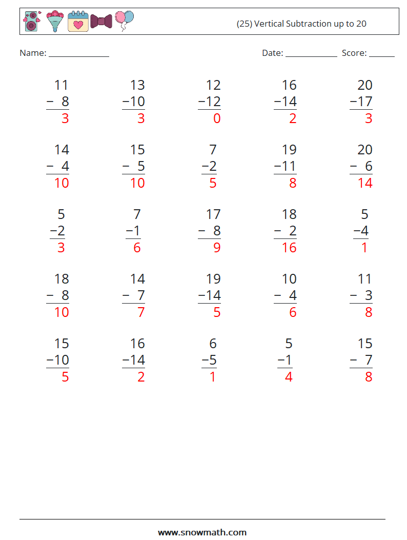 (25) Vertical Subtraction up to 20 Maths Worksheets 6 Question, Answer