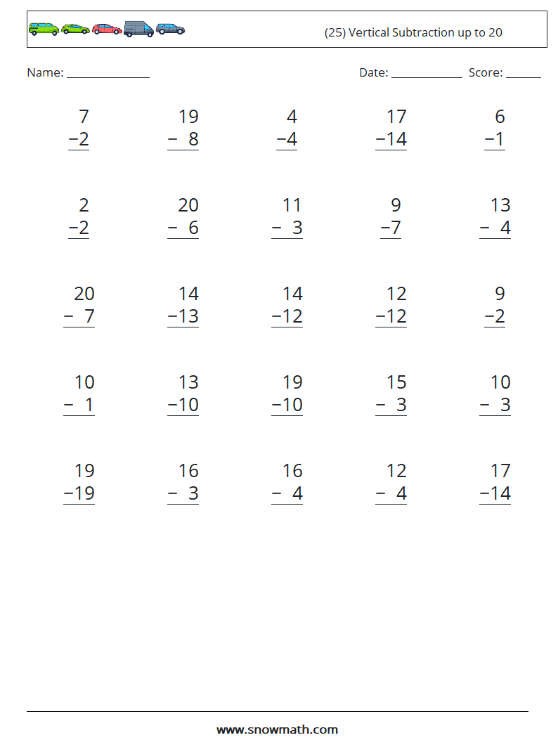 (25) Vertical Subtraction up to 20 Maths Worksheets 7