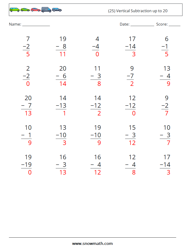 (25) Vertical Subtraction up to 20 Maths Worksheets 7 Question, Answer