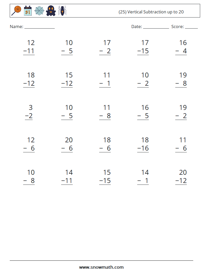 (25) Vertical Subtraction up to 20 Maths Worksheets 8