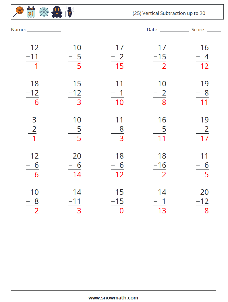 (25) Vertical Subtraction up to 20 Maths Worksheets 8 Question, Answer