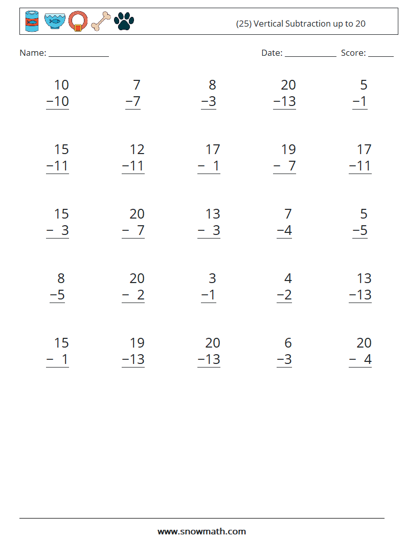 (25) Vertical Subtraction up to 20 Maths Worksheets 9