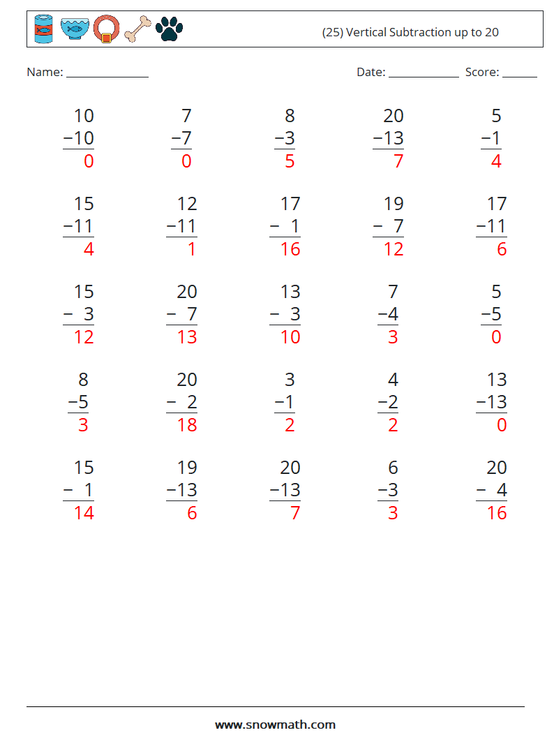 (25) Vertical Subtraction up to 20 Maths Worksheets 9 Question, Answer