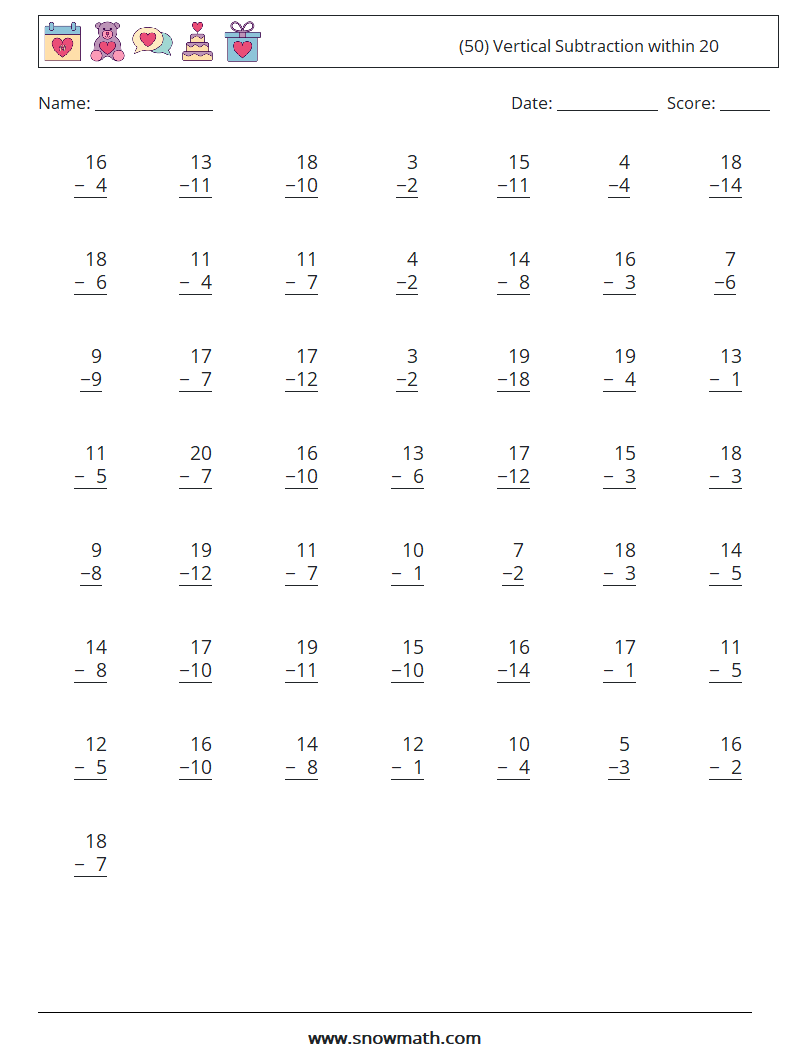 (50) Vertical Subtraction within 20 Maths Worksheets 12