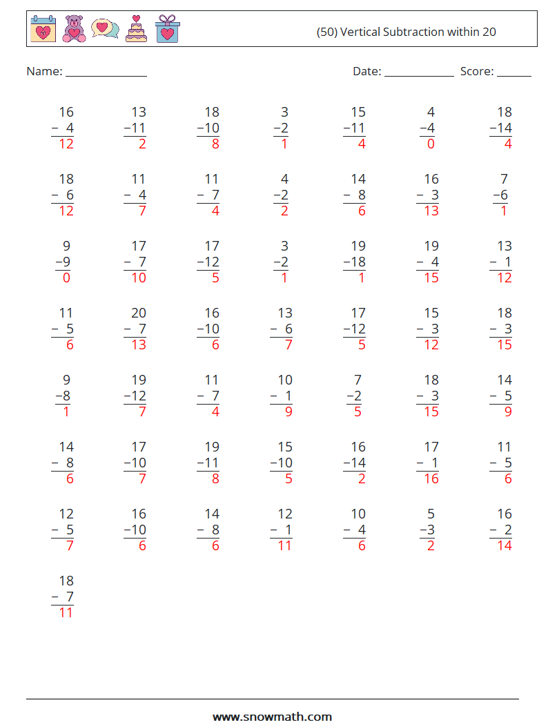 (50) Vertical Subtraction within 20 Maths Worksheets 12 Question, Answer