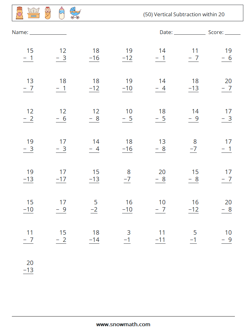 (50) Vertical Subtraction within 20 Maths Worksheets 13