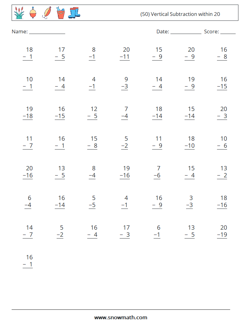 (50) Vertical Subtraction within 20 Maths Worksheets 3