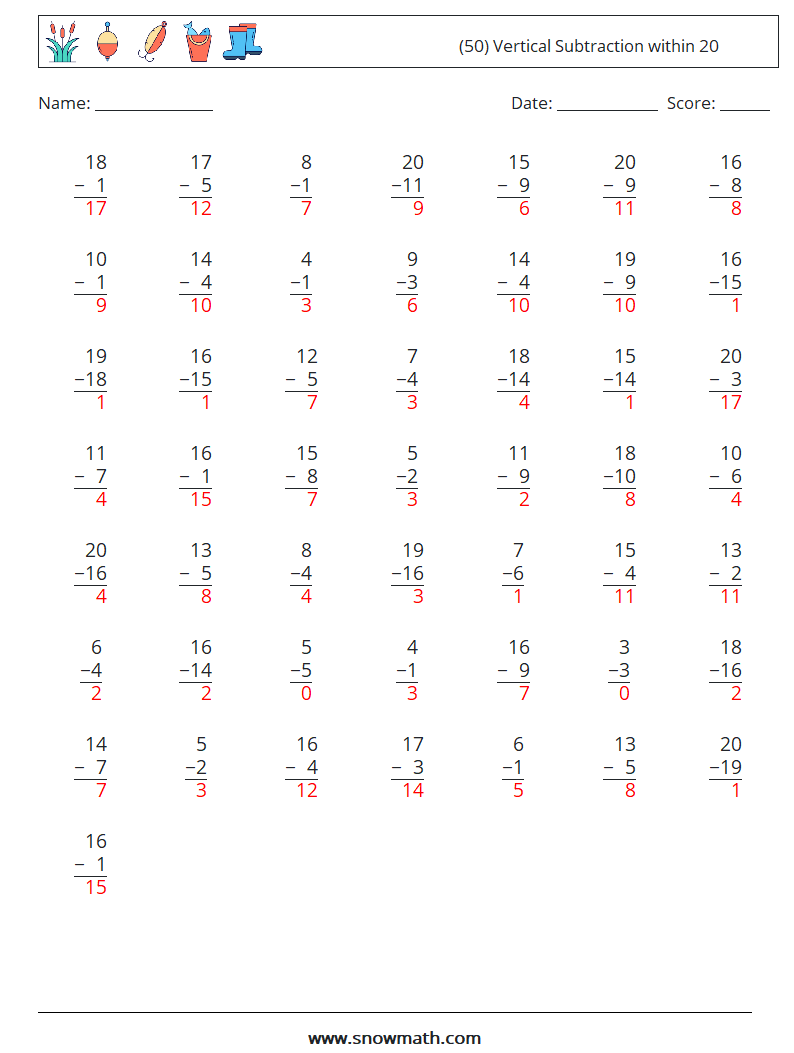 (50) Vertical Subtraction within 20 Maths Worksheets 3 Question, Answer