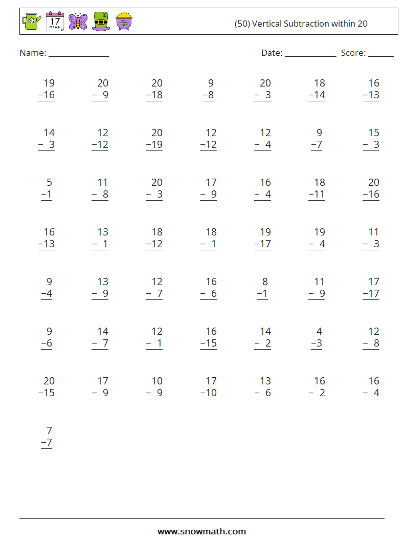 (50) Vertical Subtraction within 20 Maths Worksheets 5