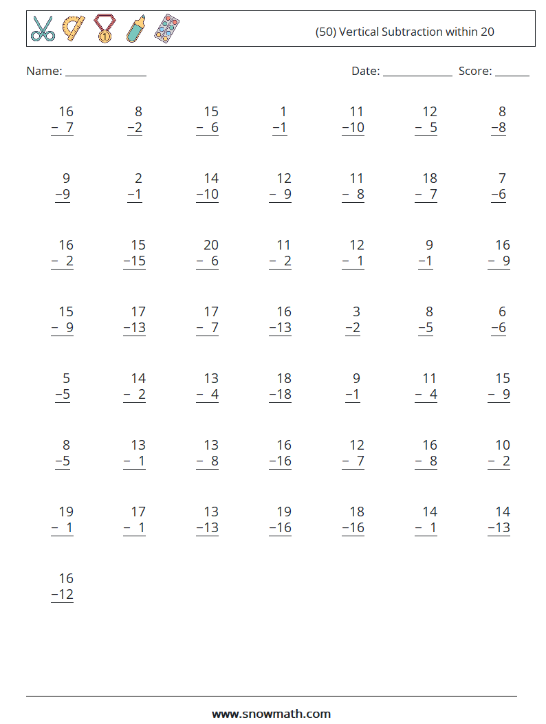 (50) Vertical Subtraction within 20 Maths Worksheets 9