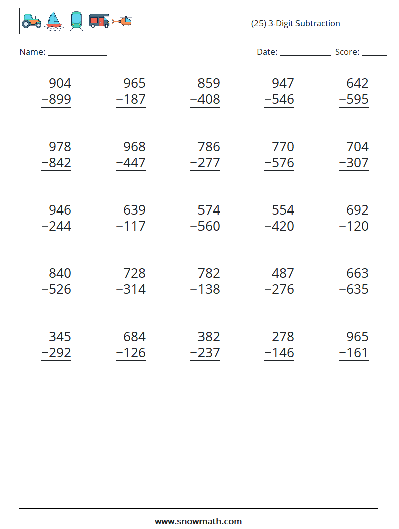 (25) 3-Digit Subtraction Maths Worksheets 10