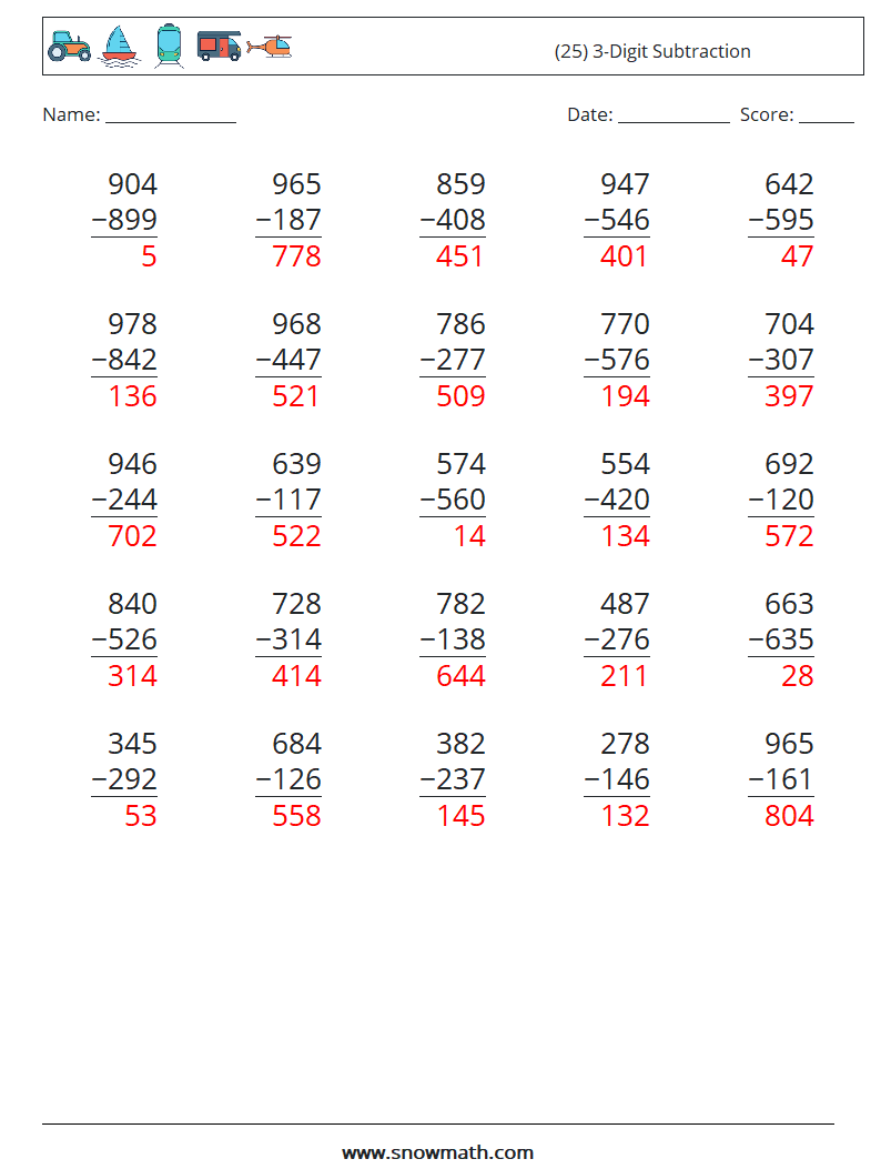 (25) 3-Digit Subtraction Maths Worksheets 10 Question, Answer