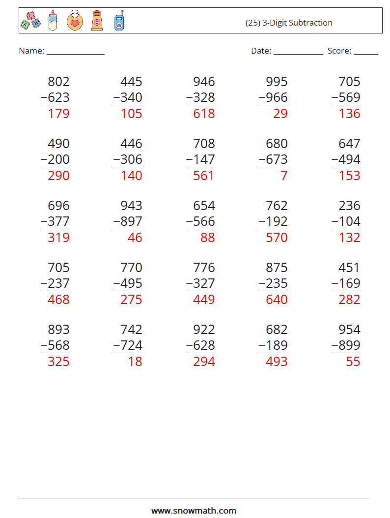 (25) 3-Digit Subtraction Maths Worksheets 12 Question, Answer