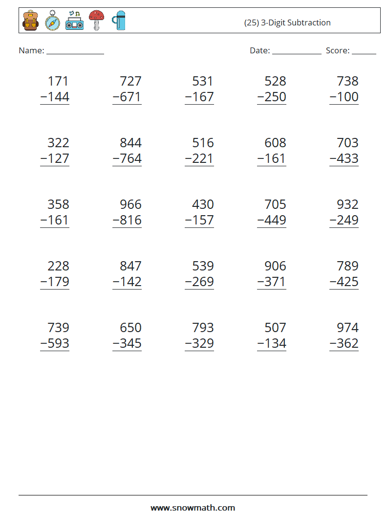 (25) 3-Digit Subtraction Maths Worksheets 14