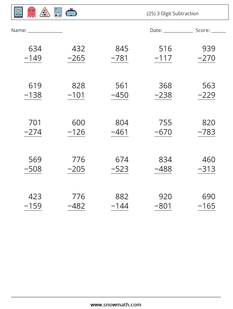 (25) 3-Digit Subtraction Maths Worksheets 15