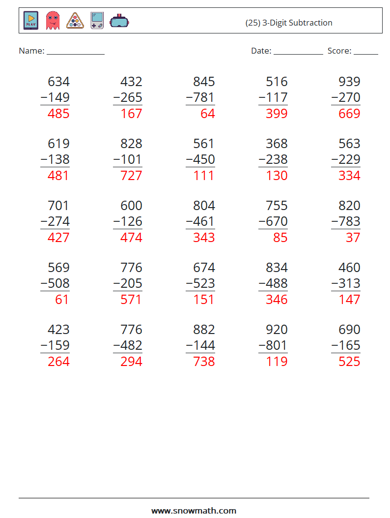 (25) 3-Digit Subtraction Maths Worksheets 15 Question, Answer