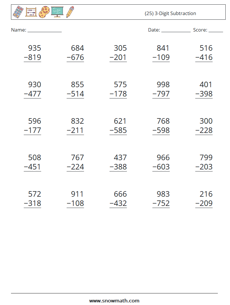 (25) 3-Digit Subtraction Maths Worksheets 17