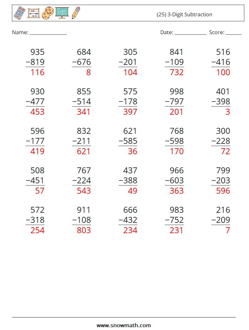 (25) 3-Digit Subtraction Maths Worksheets 17 Question, Answer