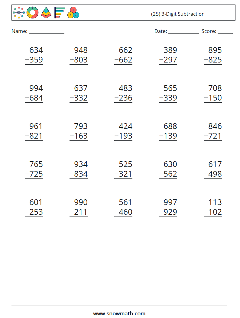 (25) 3-Digit Subtraction Maths Worksheets 18