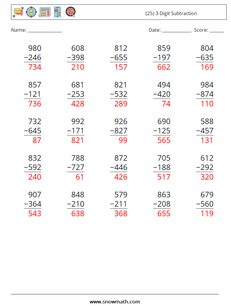 (25) 3-Digit Subtraction Maths Worksheets 1 Question, Answer