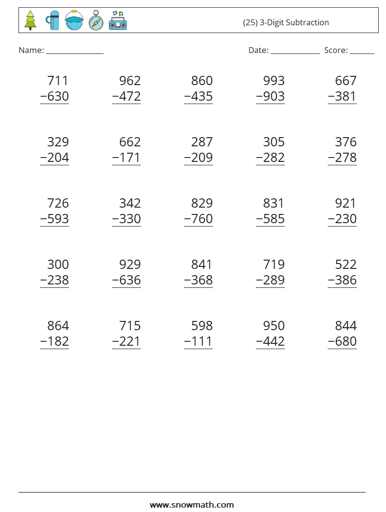 (25) 3-Digit Subtraction Maths Worksheets 2