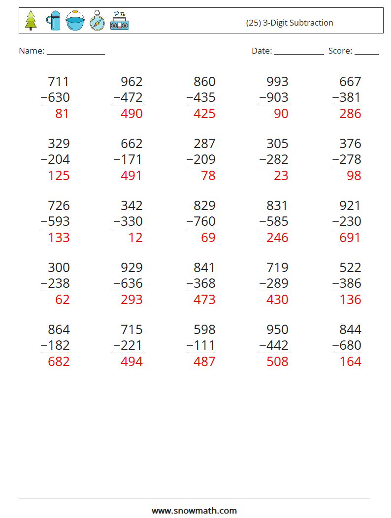 (25) 3-Digit Subtraction Maths Worksheets 2 Question, Answer