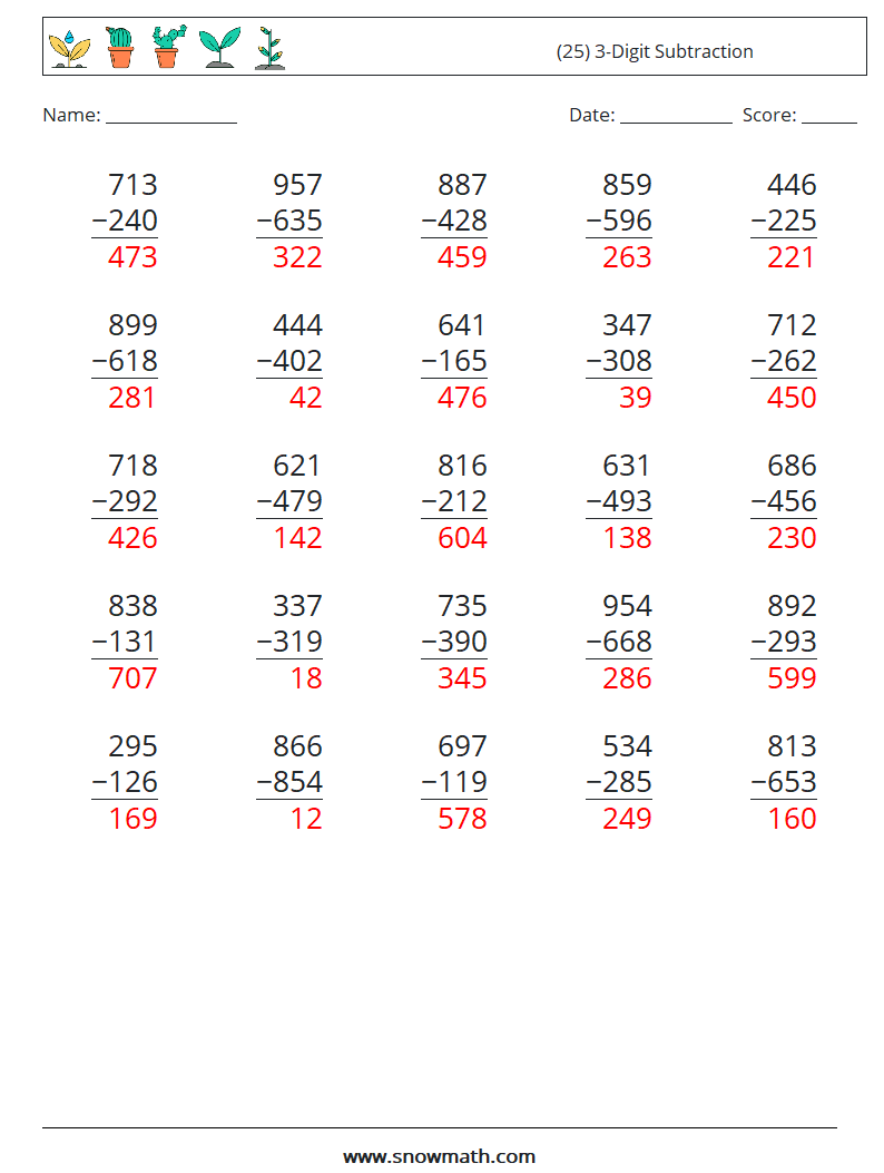 (25) 3-Digit Subtraction Maths Worksheets 4 Question, Answer