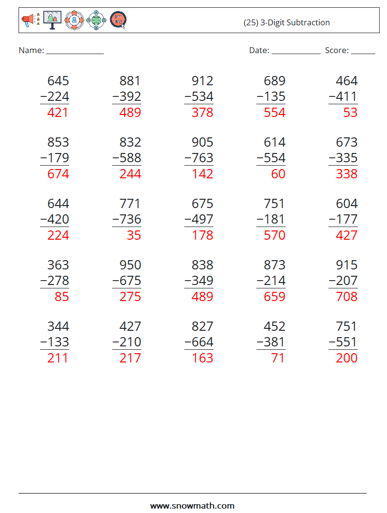 (25) 3-Digit Subtraction Maths Worksheets 5 Question, Answer